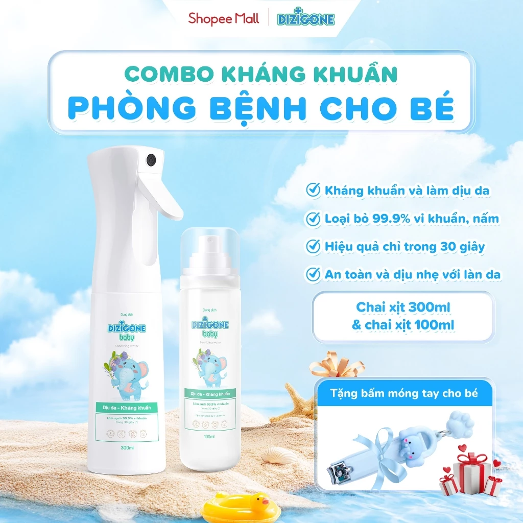 [COMBO] Xịt kháng khuẩn DIZIGONE Baby 100ml & Xịt kháng khuẩn DIZIGONE Baby 300ml: Xịt tay chân, đồ dùng cho bé