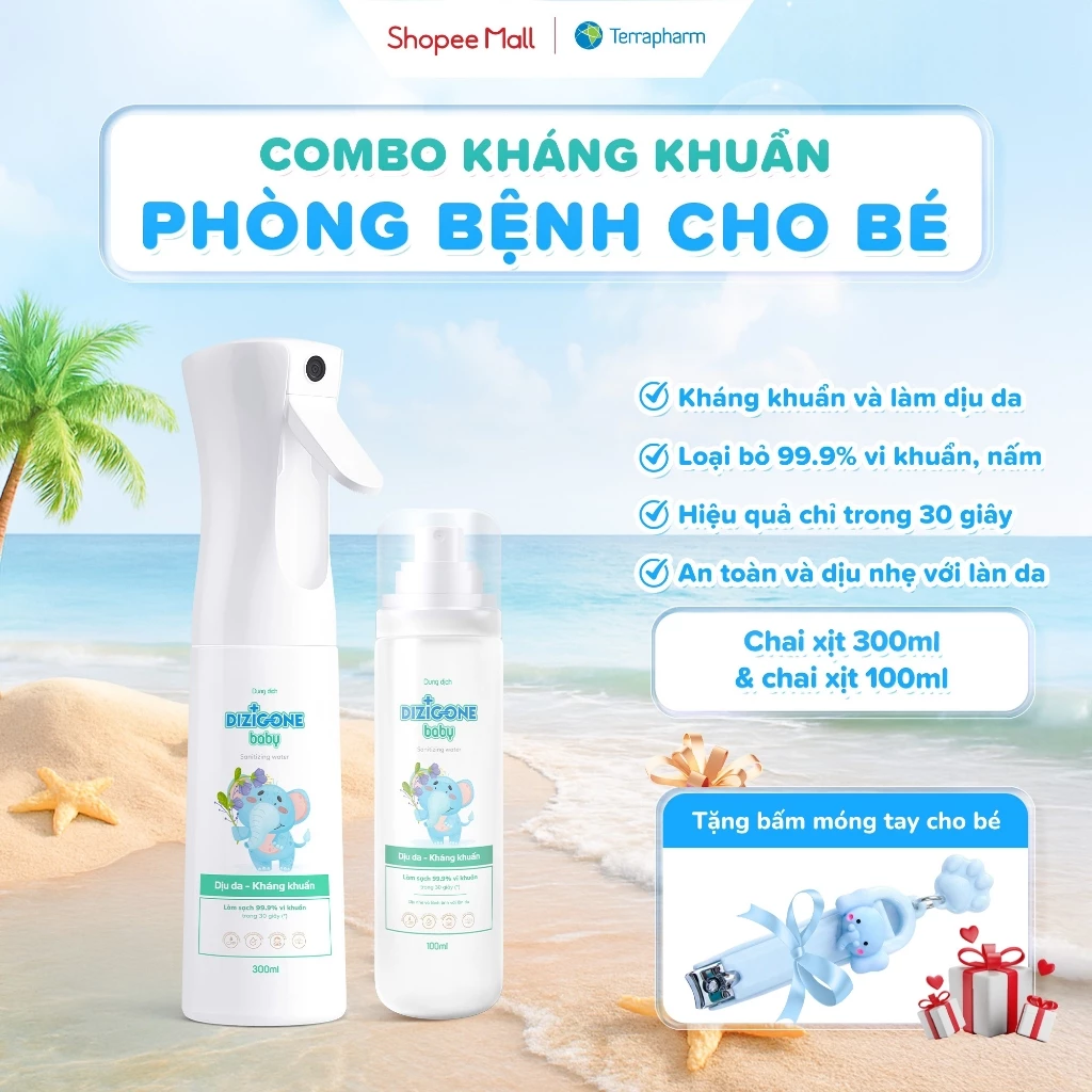 [COMBO] Xịt kháng khuẩn DIZIGONE Baby 300ml & Xịt kháng khuẩn DIZIGONE Baby 100ml: Xịt tay chân, đồ chơi, đồ dùng cho bé