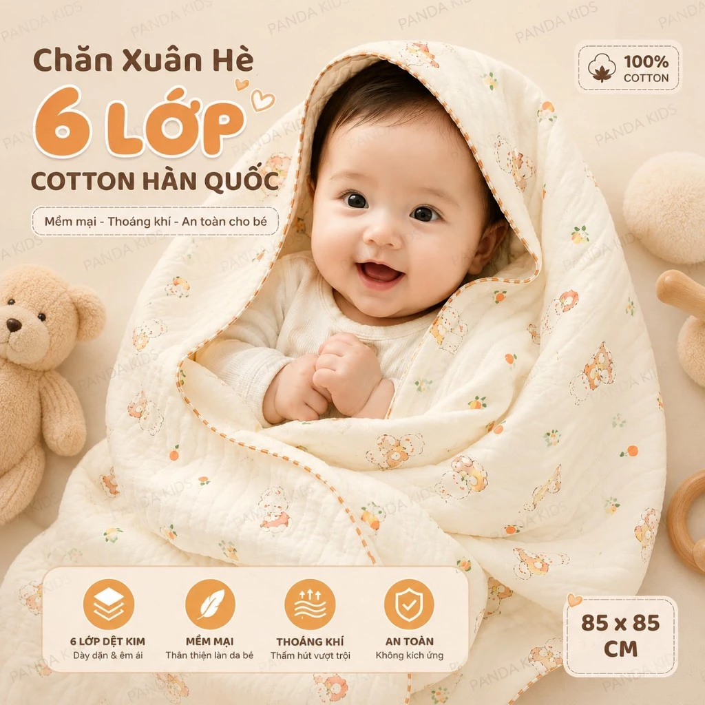 Chăn Xuân Hè, Khăn Tắm Dệt Kim 6 Lớp Cotton Hàn HọaTiết Động Vật Đáng Yêu Cho Bé 85x85cm-HT531-HT833