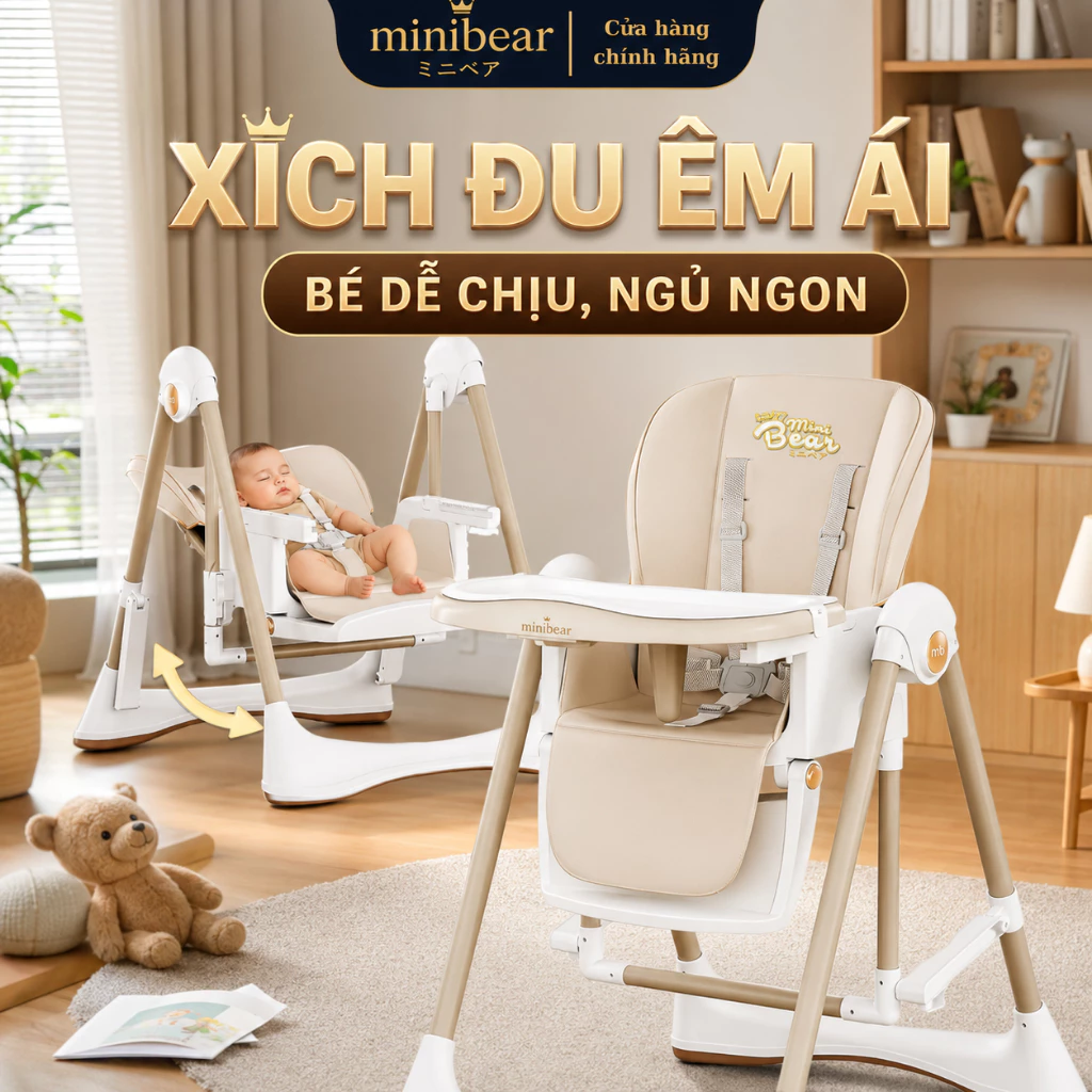 Ghế Ăn Dặm MiniBear Cao Cấp Cho Bé Đa Năng, Ghế Tập Ngồi Ăn Có Khay, Xích Đu Bập Bênh Ru Bé, Gấp Gọn, Điều Chỉnh 5 Mức