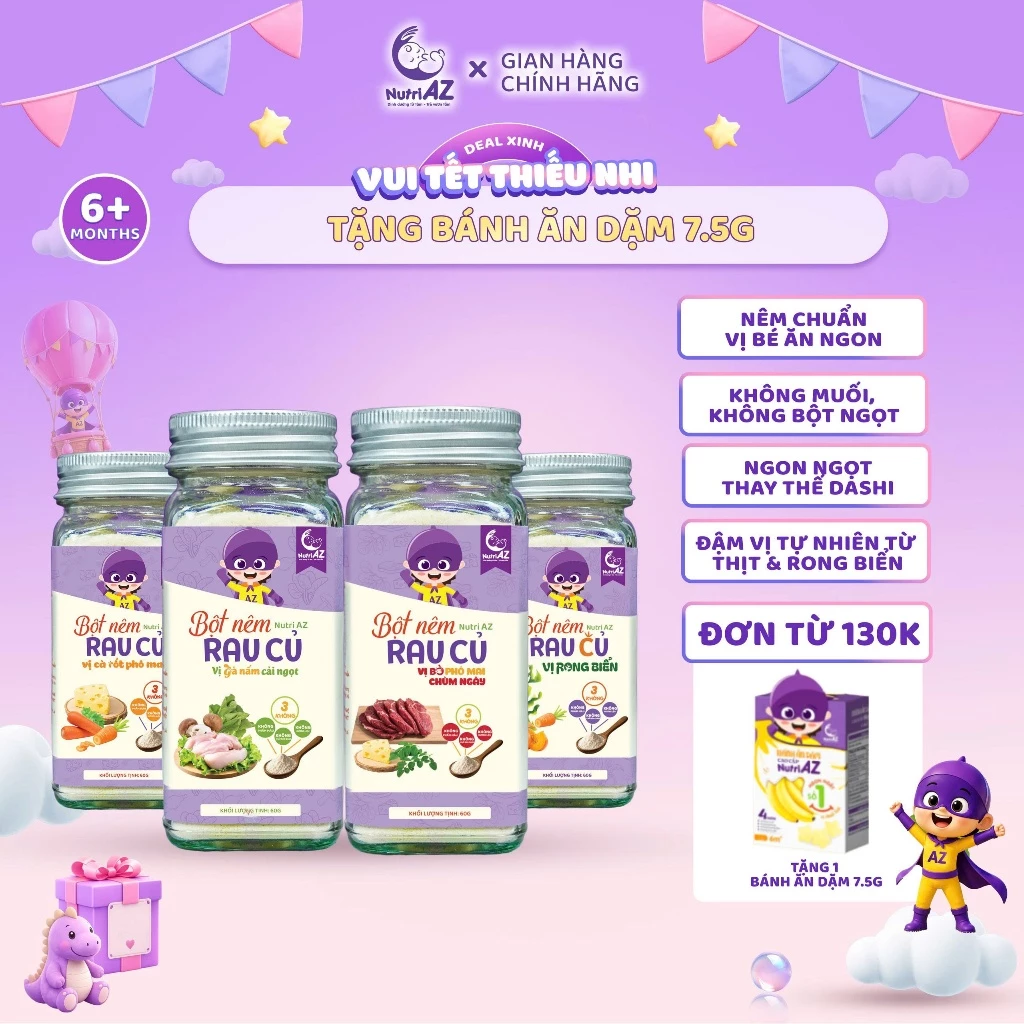 Hạt Nêm Cho Bé Ăn Dặm NutriAZ, Gia Vị Ăn Dặm Rau Củ An Toàn Cho Bé Từ 6 Tháng Tuổi, Không Muối