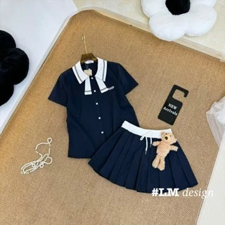 set váy nữ mùa hè,set ba món áo sơ mi mix chân váy xếp ly kèm áo gile C795 VKX (Z2)