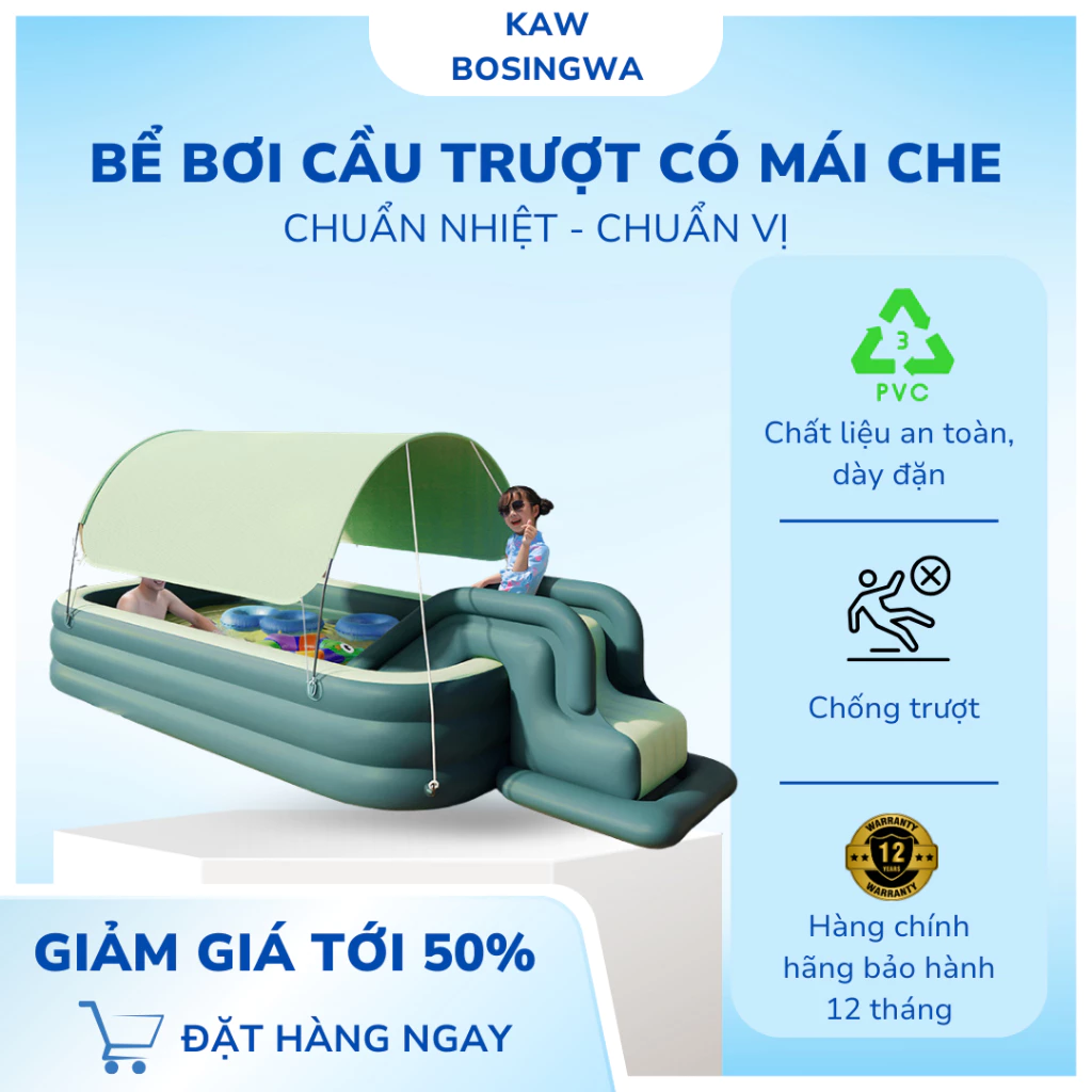 Bể bơi phao cho bé có cầu trượt và mái che nắng, Bể bơi bơm hơi đáy chống trượt an toàn cho bé