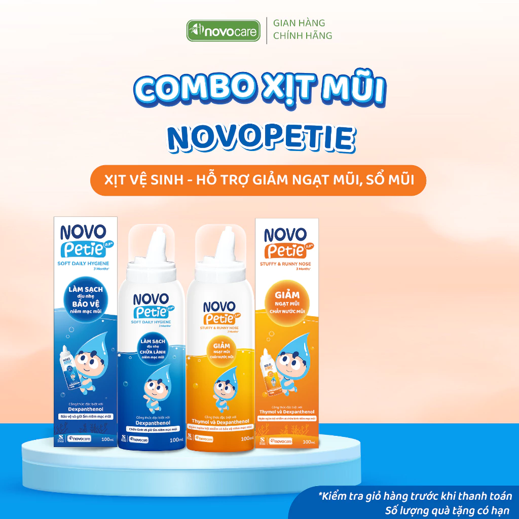 Bộ đôi vệ sinh mũi cho bé Novopetie 0.9% vệ sinh mũi hàng ngày, 1.9% vệ sinh mũi khi ốm