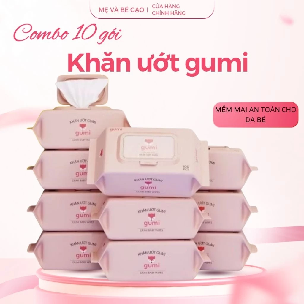 Thùng 10 gói khăn ướt 100 tờ Gumi không cồn,không parabens cao cấp dành cho bé