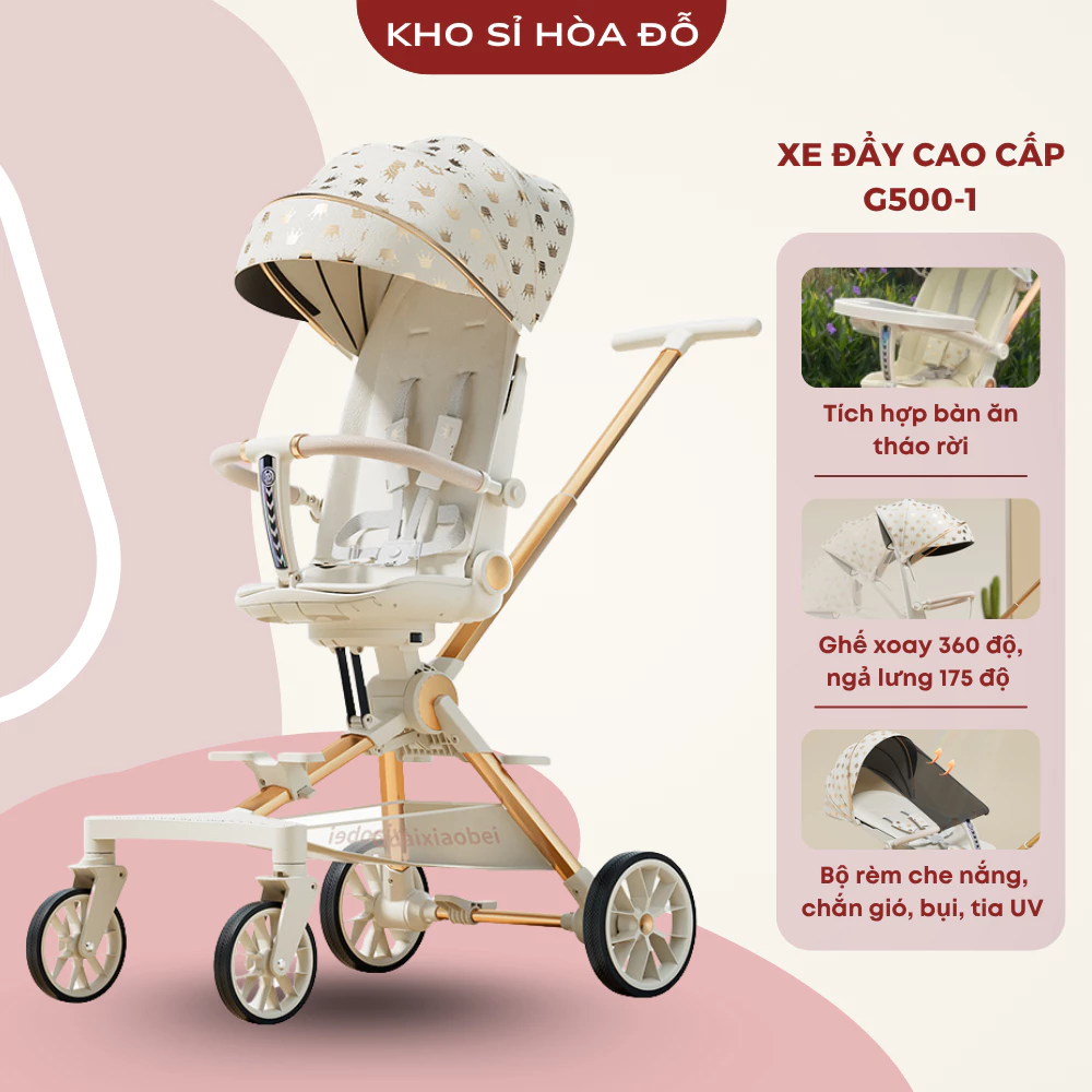 [VOUCHER LIVE 100K] Xe đẩy cao cấp G500-1 dành cho bé từ sơ sinh, gấp gọn, đảo chiều, 3 tư thế, tặng khay bàn ăn, có lò