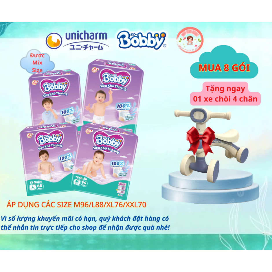 [MUA 8 GÓI BẤT KỲ TẶNG QUÀ] Tã/Bỉm quần Bobby siêu khô thoáng mẫu mới M96/ L88/ XL74/ XXL68- Kim Ngọc