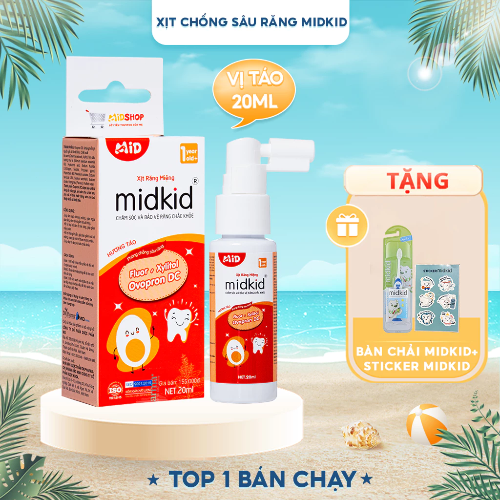 Xịt chống sâu răng MIDKID cho bé từ 1 tuổi nuốt an toàn, vị Táo 20ml giúp làm sạch thơm khoang miệng, bảo vệ men răng