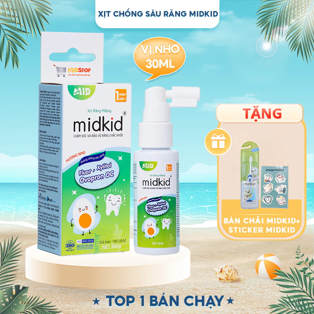 Xịt chống sâu răng Midkid cho bé từ 1 tuổi vị Nho 30ml nuốt an toàn giúp làm sạch thơm miệng loại bỏ mảng bám đen ố vàng