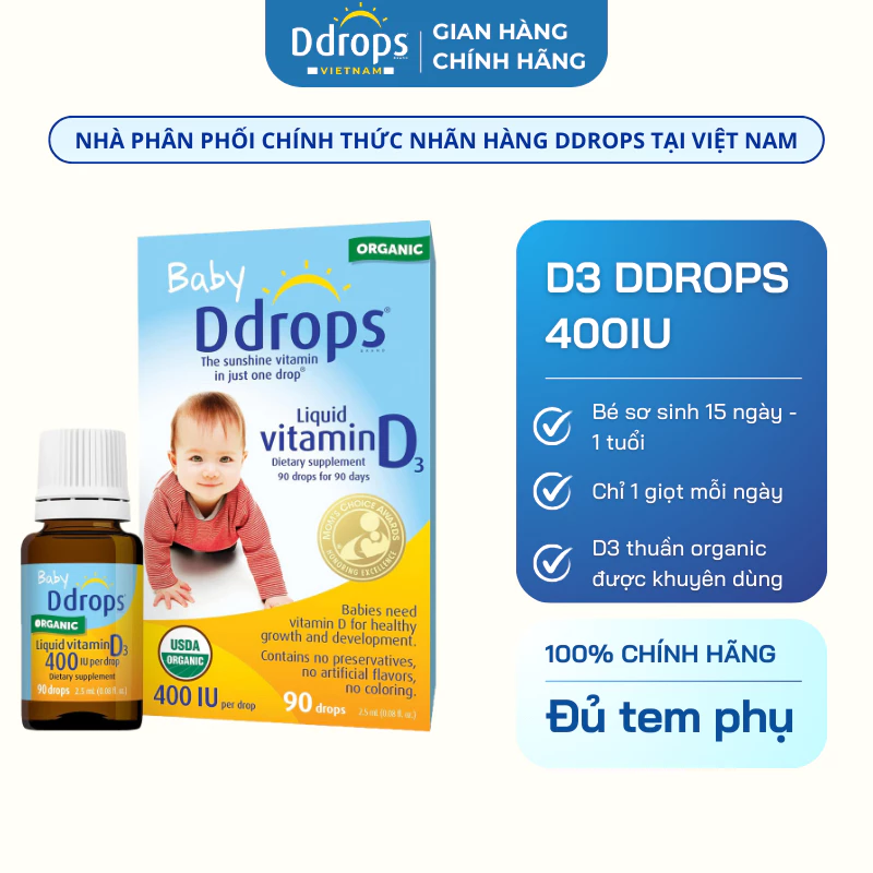 D3 Thuần Organic Ddrops 400IU dạng lỏng nhỏ giọt bổ sung vitamin D3 cho bé tăng cường sức đề kháng khỏe mạnh <1y