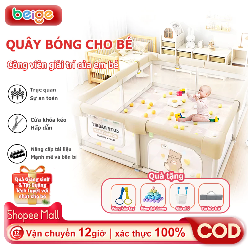Quây Bóng Cho Bé Beige, Lưới thoáng chống kẹt | Chất liệu inox + Tháo lắp dễ | Tặng 4 quà