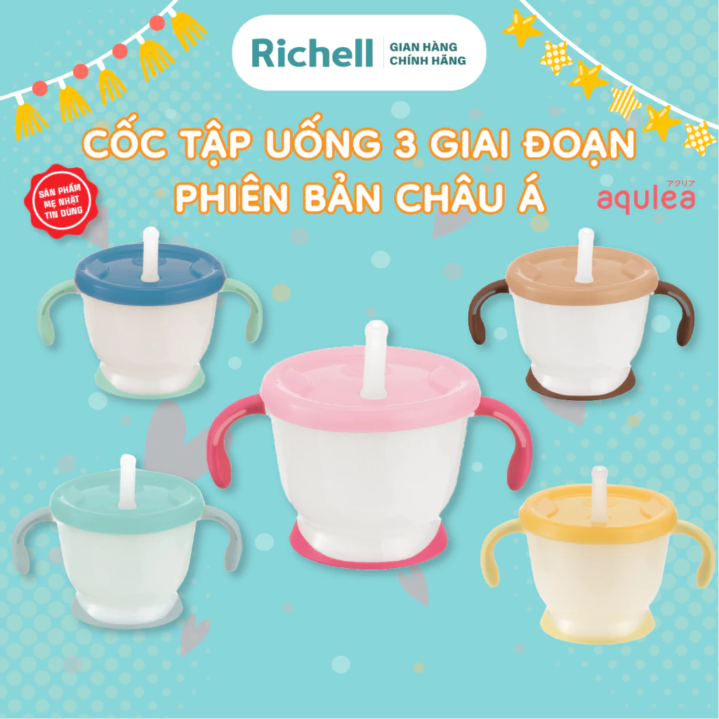 Cốc tập hút, tập uống 3 giai đoạn RICHELL Nhật AQ 150ml phiên bản châu Á | Baby