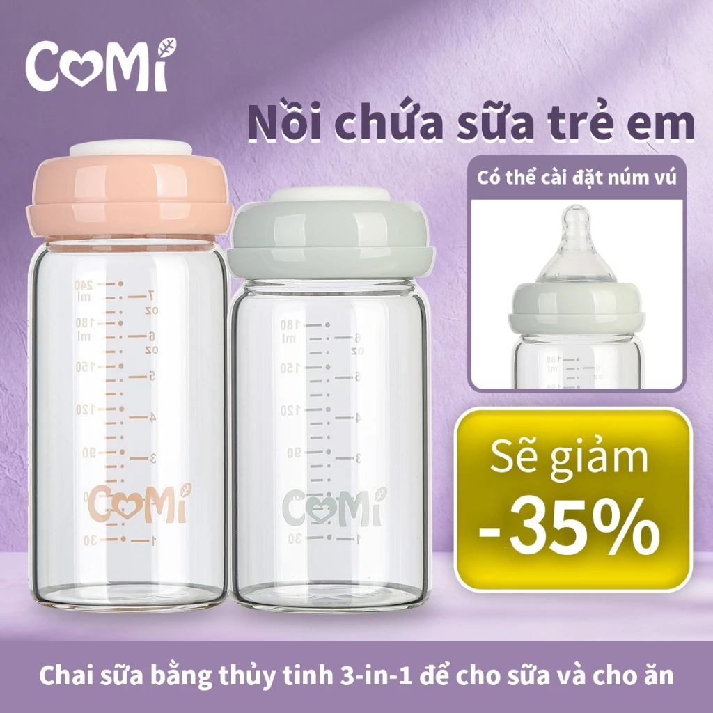 COMI Bình Thủy Tinh Trữ Sữa Cho Bé Dung 180ml Bình bảo quản sữa mẹ chuyên dụng Cổ rộng Có thể kết nối với máy hút sữa