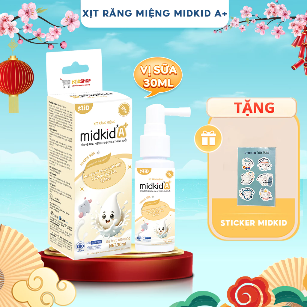 Xịt chống sâu răng Midkid A+ cho trẻ từ 3 tháng nuốt an toàn giúp ngừa sâu răng, tưa nấm lưỡi, sạch thơm miệng, lọ 30ml